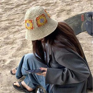 🌻🌻HOST PICK🌻🌻Sunflower Granny Square Straw Bucket Hat Foldable Summer Boho